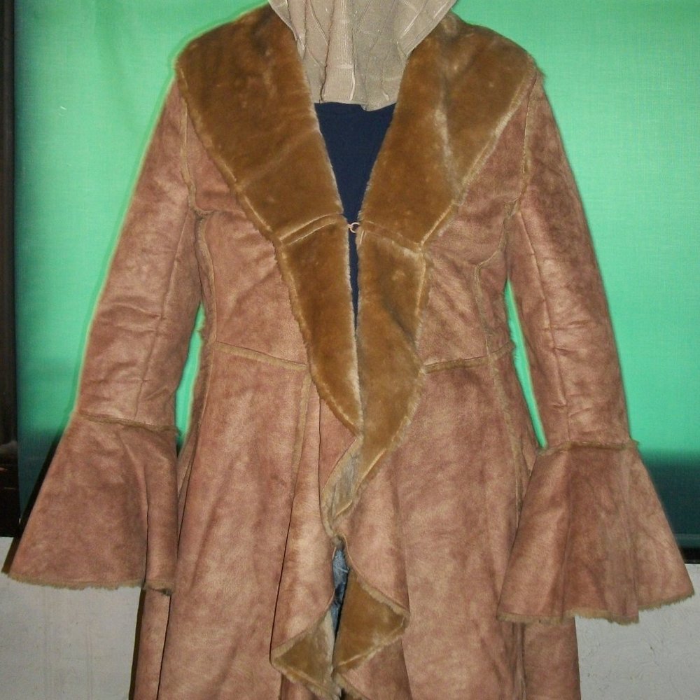 1960's 70's Suede Midi Coat Fur Trim Ruffled Cuffs